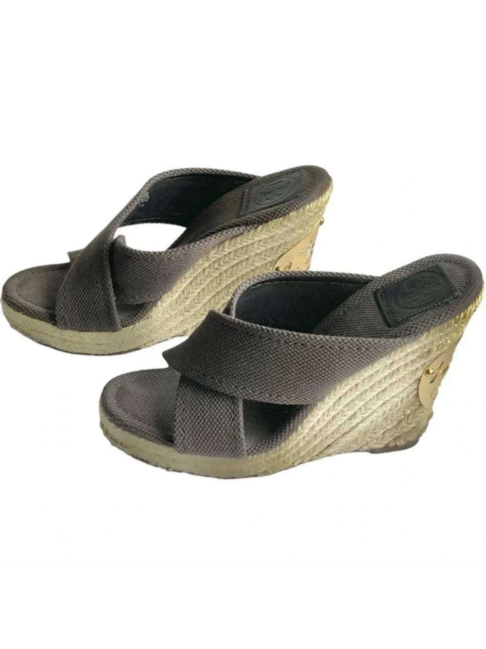 Tory Burch Chocolate Brown Crossover Kristen Espadrille Wedges/Gold Emblem sz 7